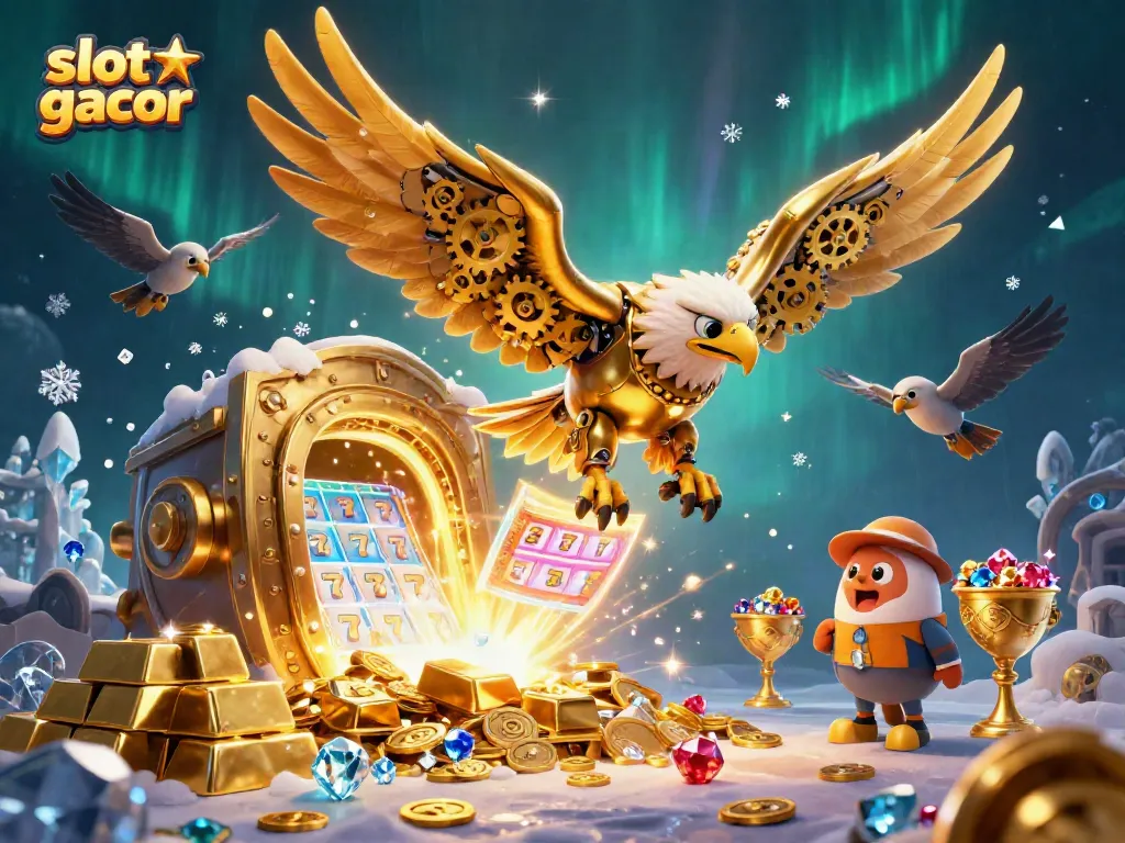Visualisasi slot gacor dengan elang cybernetic terbang di atas jackpot, menyebarkan kartu holografis.