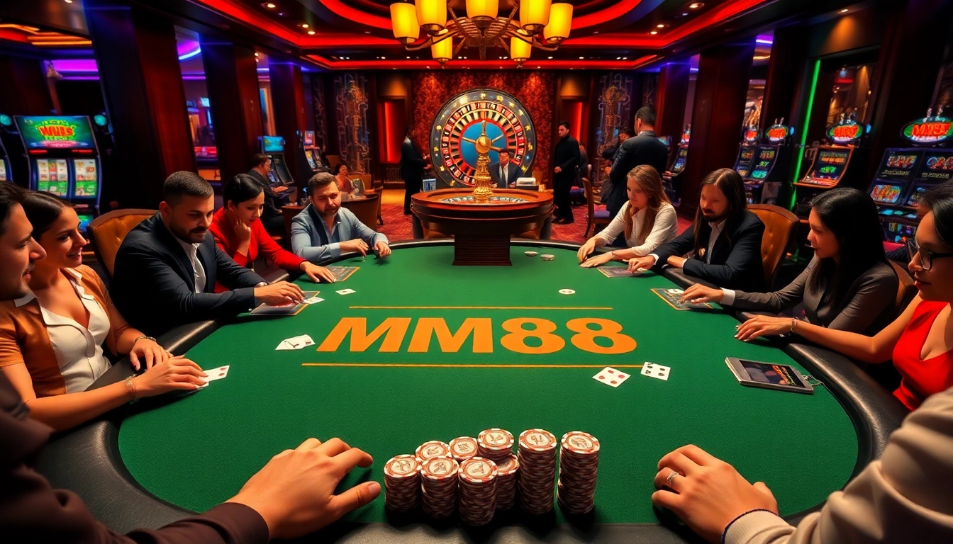 MM88 poker table with players immersed in a thrilling game atmosphere.