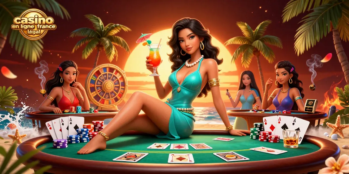 Visualisez casino en ligne france légal avec des personnages glamour profitant des jeux dans un cadre de casino de plage dynamique.