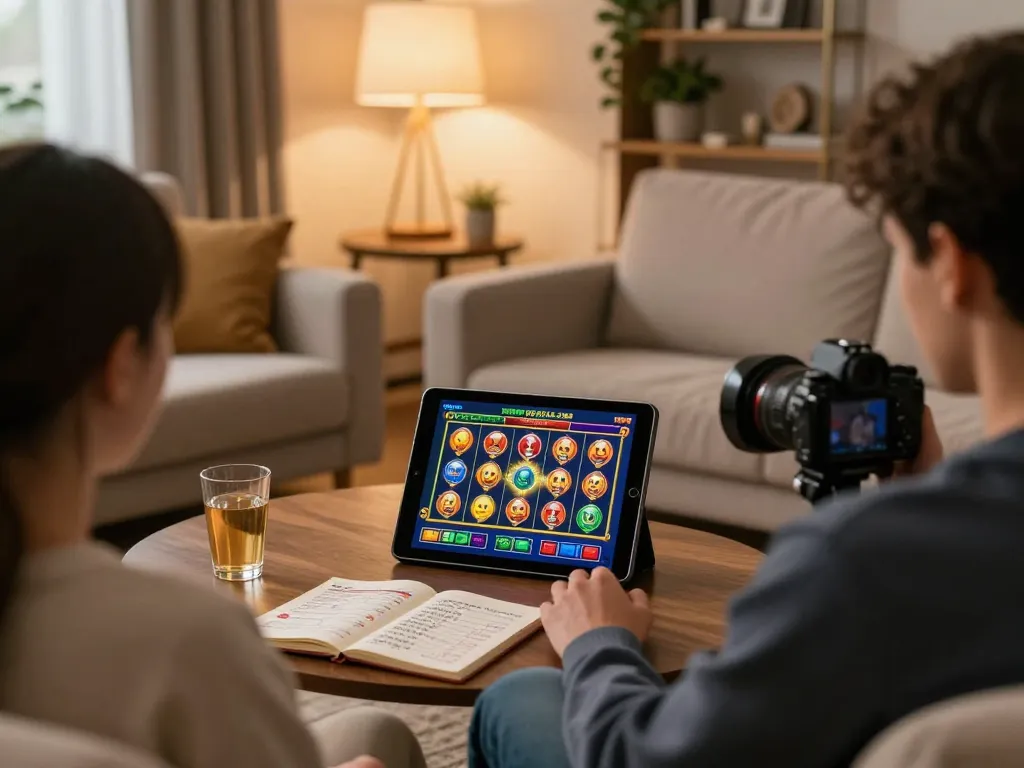 Focused on slot gameplay, a gamer strategizes from a cozy home setup.