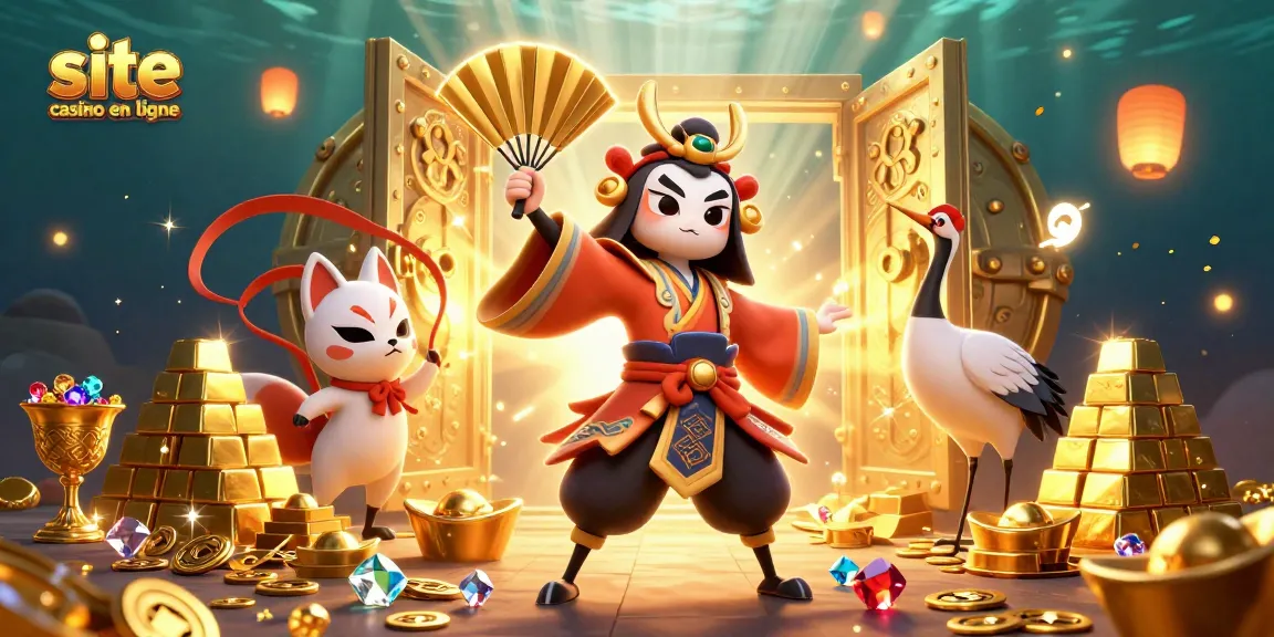 Jouer sur un site casino en ligne avec une impressionnante illustration de guerrier kabuki et des trésors brillants.