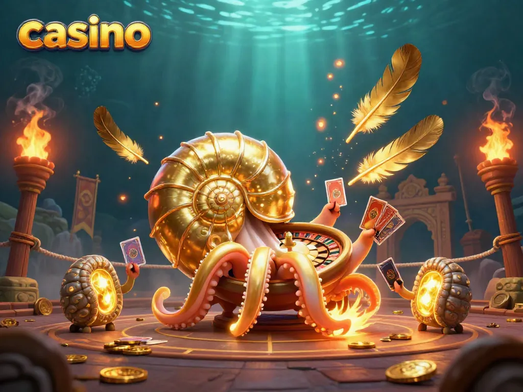 Experience the thrilling casino world with an ancient nautilus wheel and glowing cards.