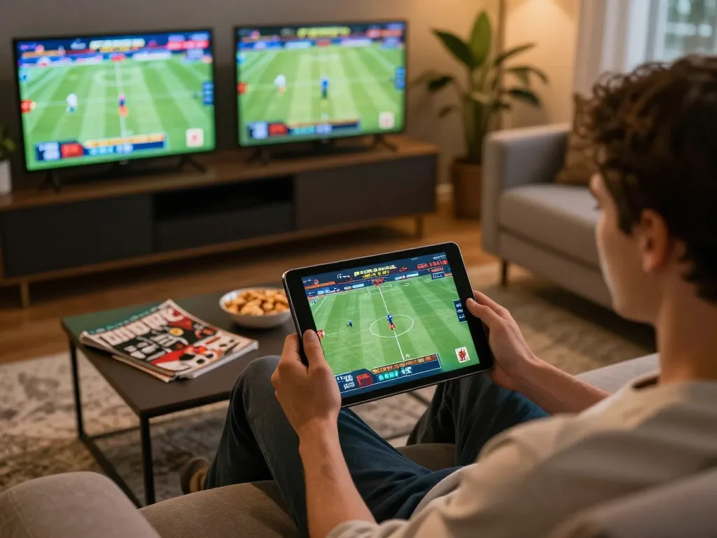 Engaging in sports betting on the fabet platform from home couch with tablet and snacks.