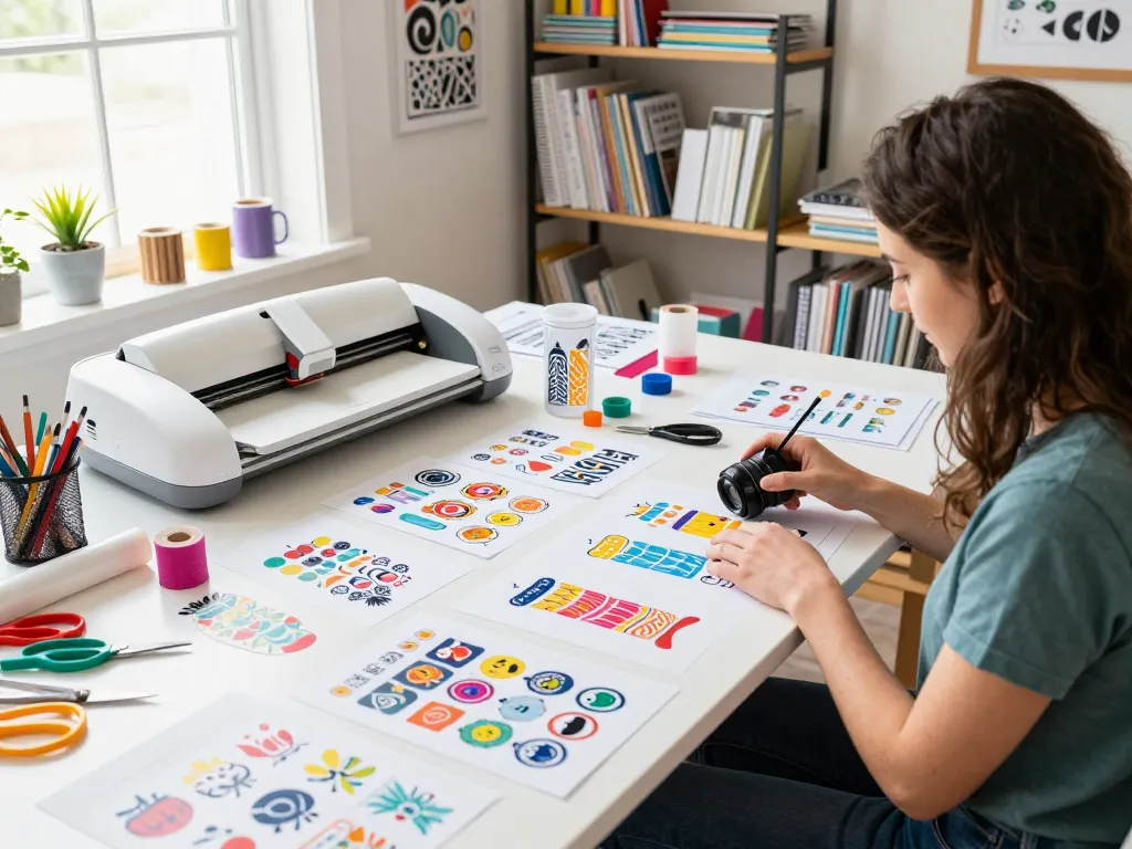 Engaged artist crafting with SVG files, colorful tumbler designs on the table.