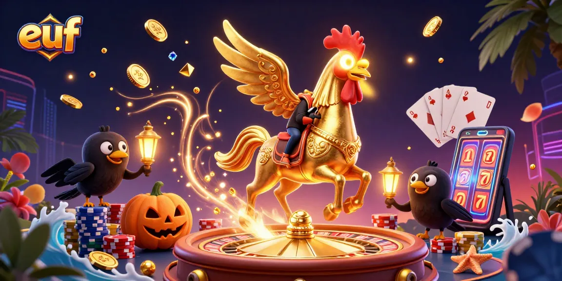 Play slots at euf with golden rooster and vibrant casino elements for a winning experience.