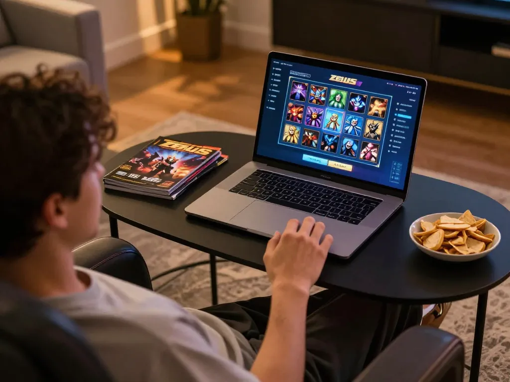 Terlibat dengan zeus slot di laptop dalam pengaturan rumah yang nyaman, menyoroti strategi perjudian online.