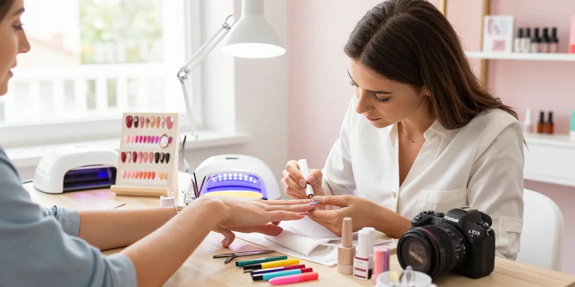 Aplicarea unui kit unghii gel într-un studio de înfrumusețare luminos, prezentând instrumente colorate pentru artă pe unghii.