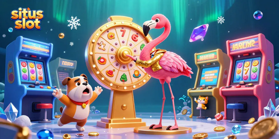 Situs slot engaging scene with a flamingo host, bulldog contestant, and gaming elements showcasing excitement.