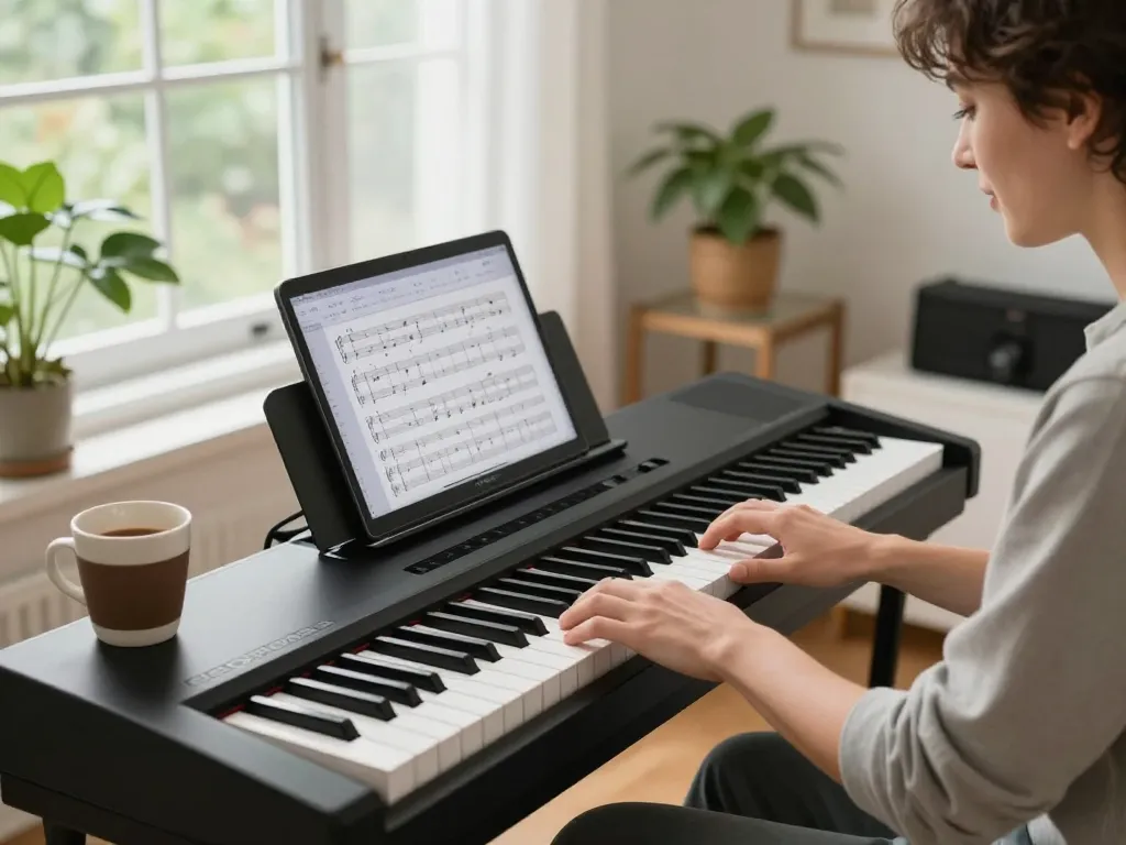 Musician playing go 88 keyboard in a bright home music studio, showcasing creativity and passion.