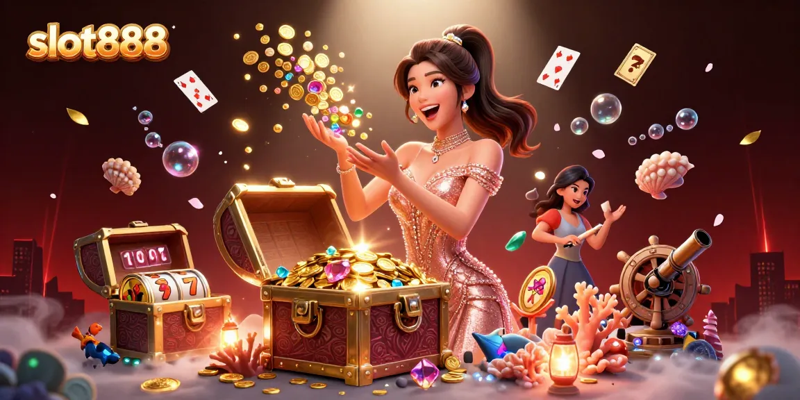 Join the excitement at slot888 with a joyful Asian woman presenting treasures from a vibrant casino atmosphere.