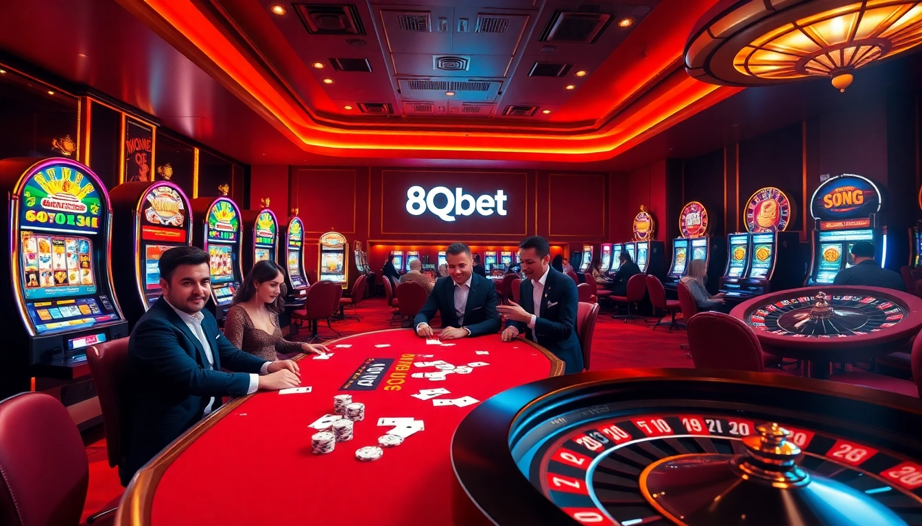 Players engaging in high-stakes poker at a luxurious casino with 8qbet branding present.