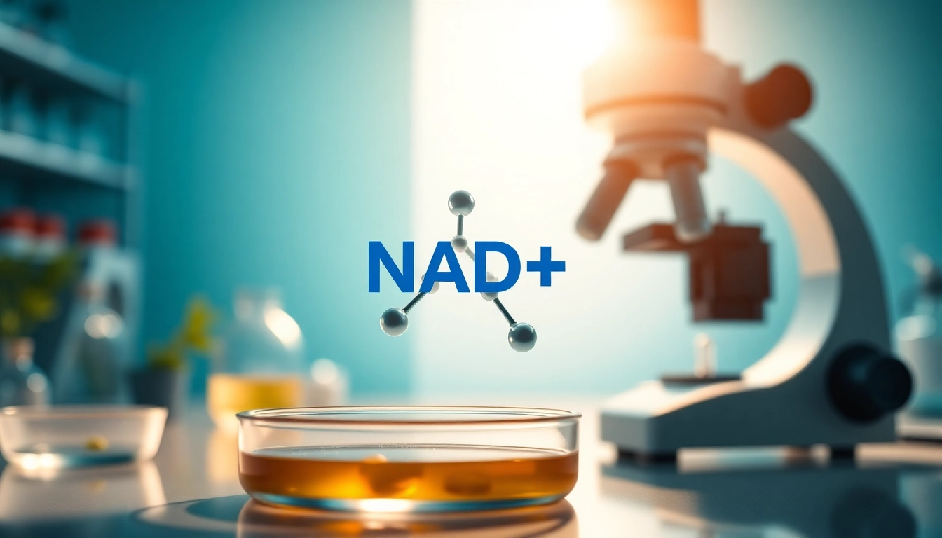 NAD+ molecular structure in a professional laboratory setting with scientific equipment.