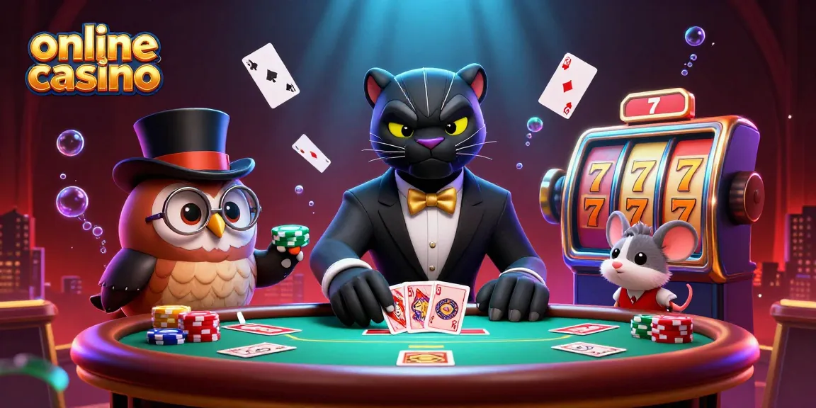 Engage in an online casino ambiance with a panther dealer, owl, and lucky mouse at a poker table.