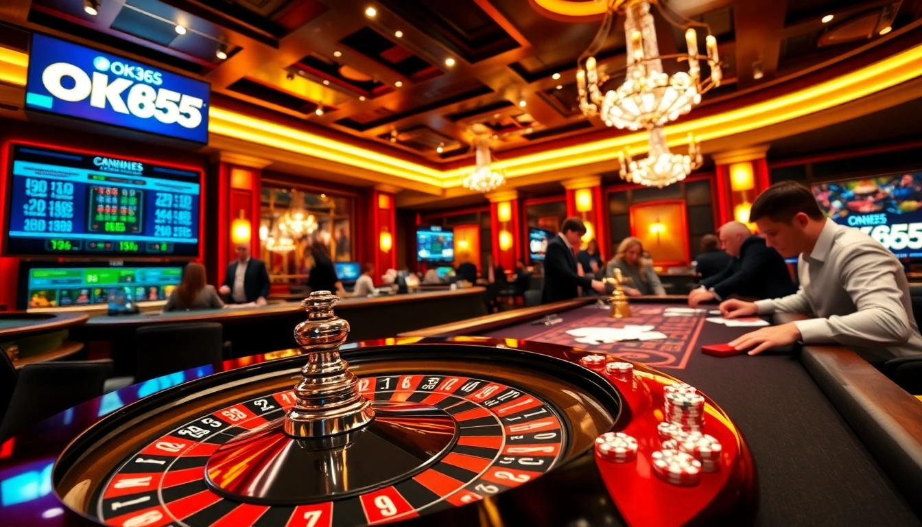 OK365 players strategizing at a vibrant casino table, capturing the excitement of online gambling.