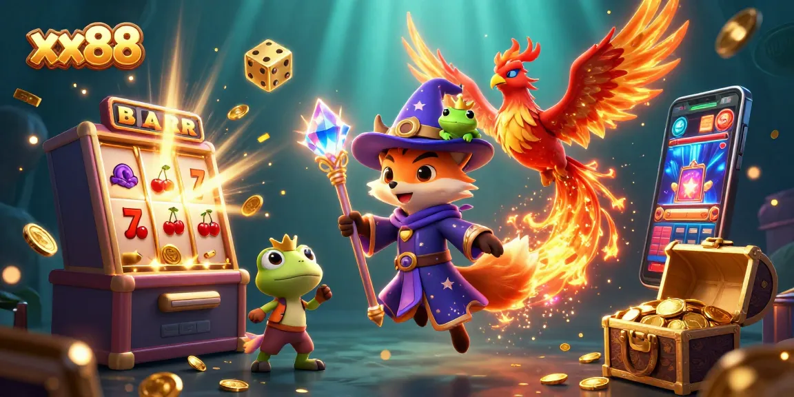 Experience the excitement of xx88 with a mystical fox wizard and a fiery phoenix amidst a vibrant casino scene.
