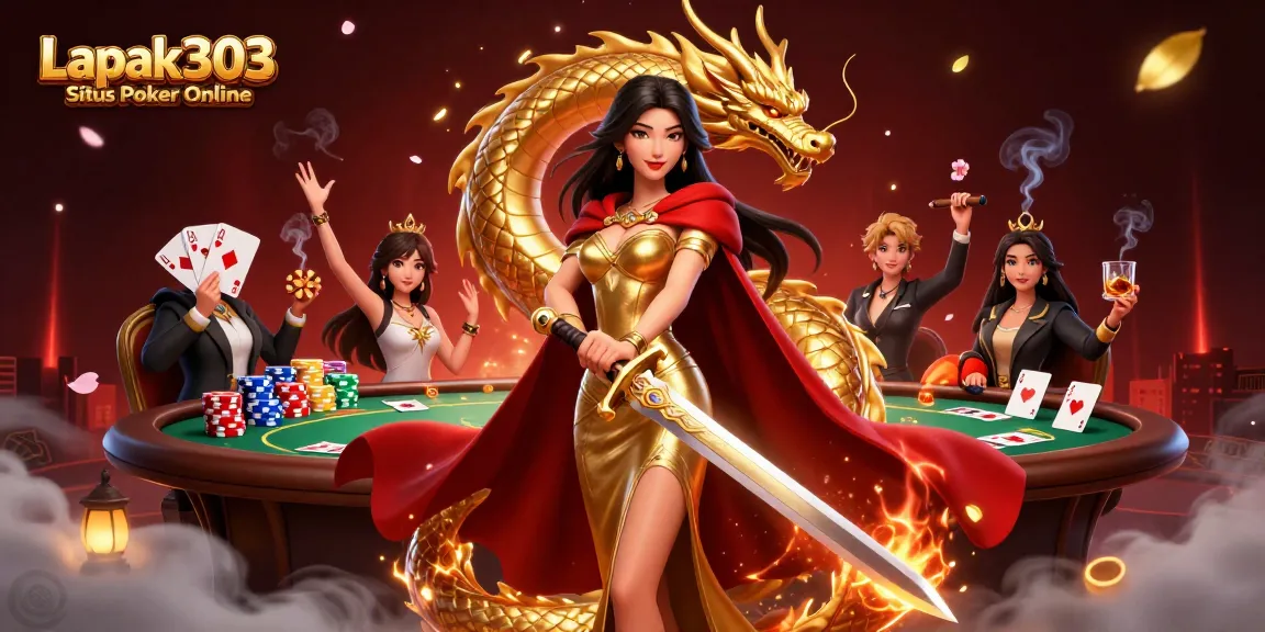 Engage with thrilling gameplay at Lapak303 Situs Poker Online featuring poker elements and a majestic warrior queen.