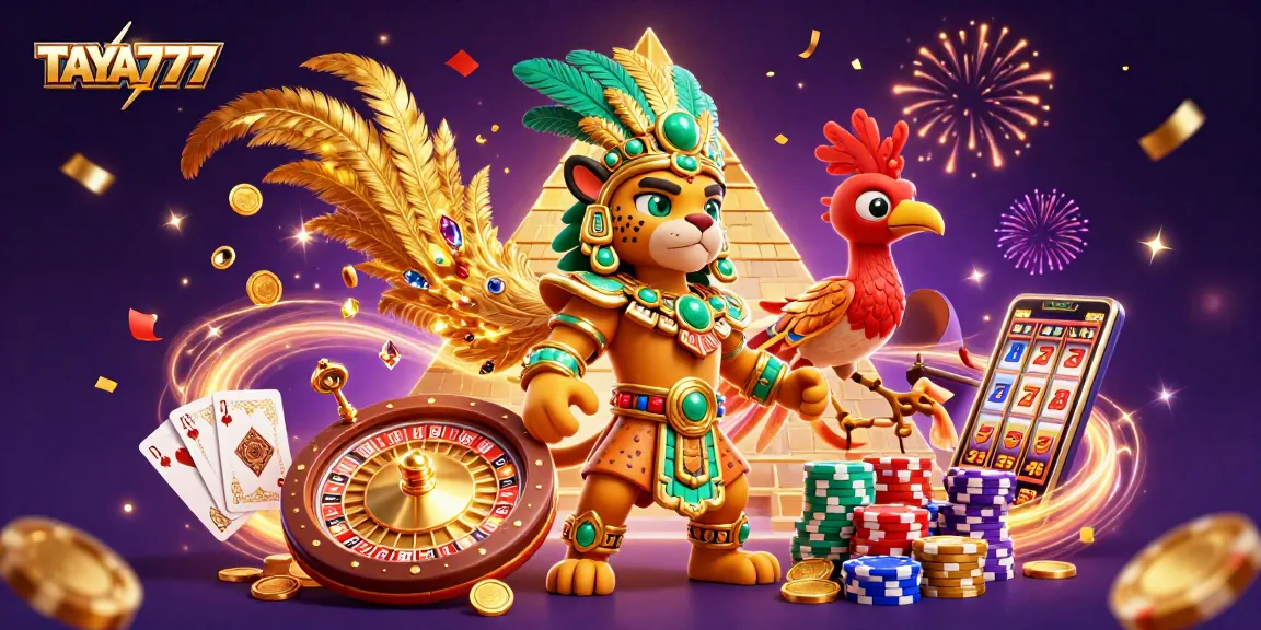TAYA777 offers a vibrant casino scene with a Mayan jaguar priest and golden elements showcasing excitement and winning