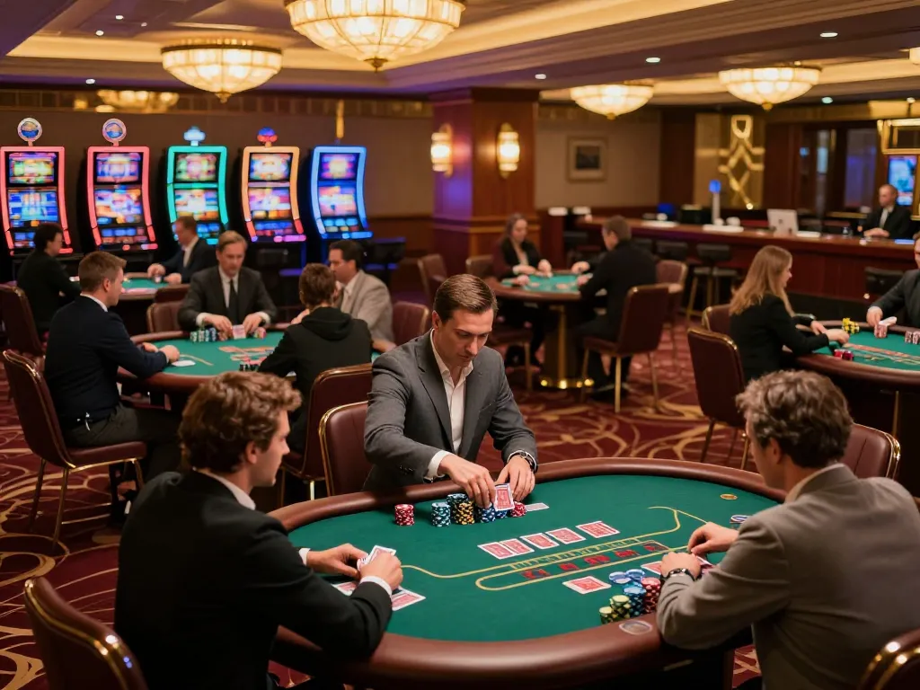 Players enjoying poker games at TV88, vibrant casino floor with dynamic atmosphere.