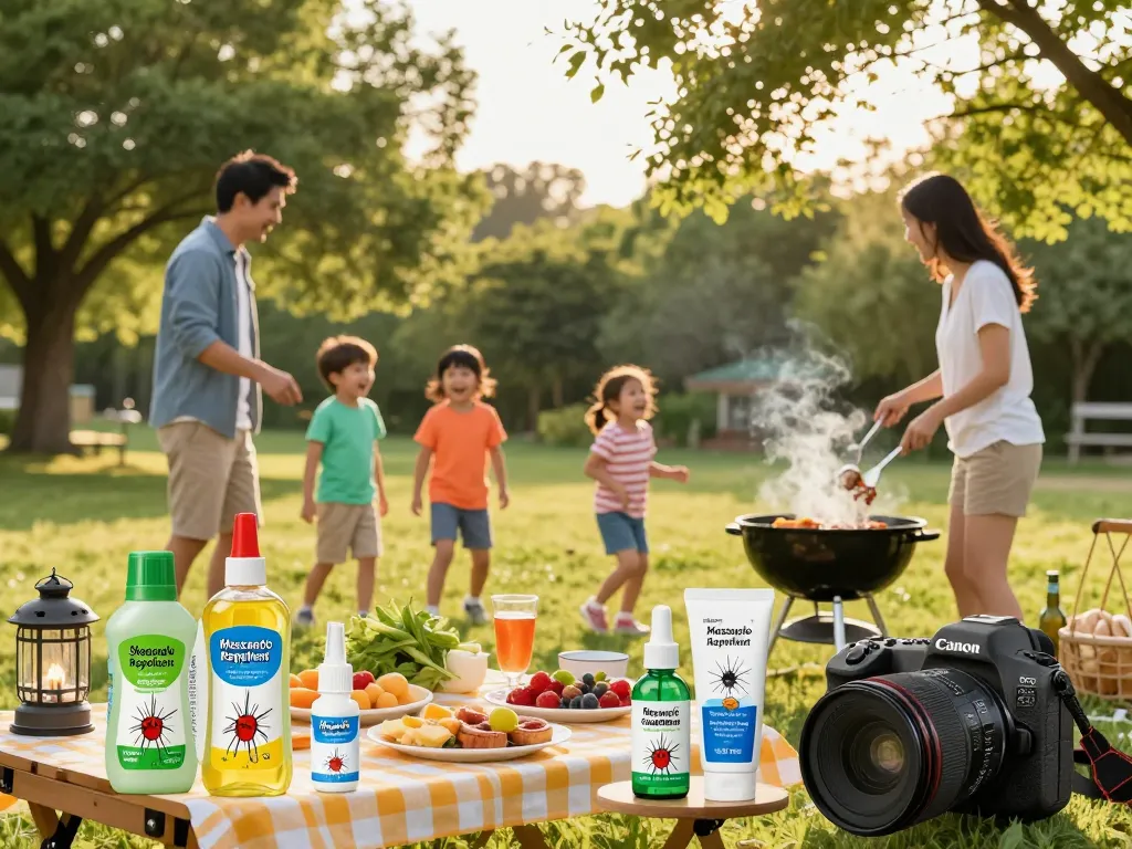 Family enjoying a summer picnic, showcasing the Best Mosquito Repellent among delicious food and outdoor fun.