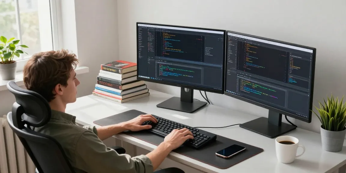 Efficient workspace showcasing screenshot software download process, featuring dual monitors and coding tools.
