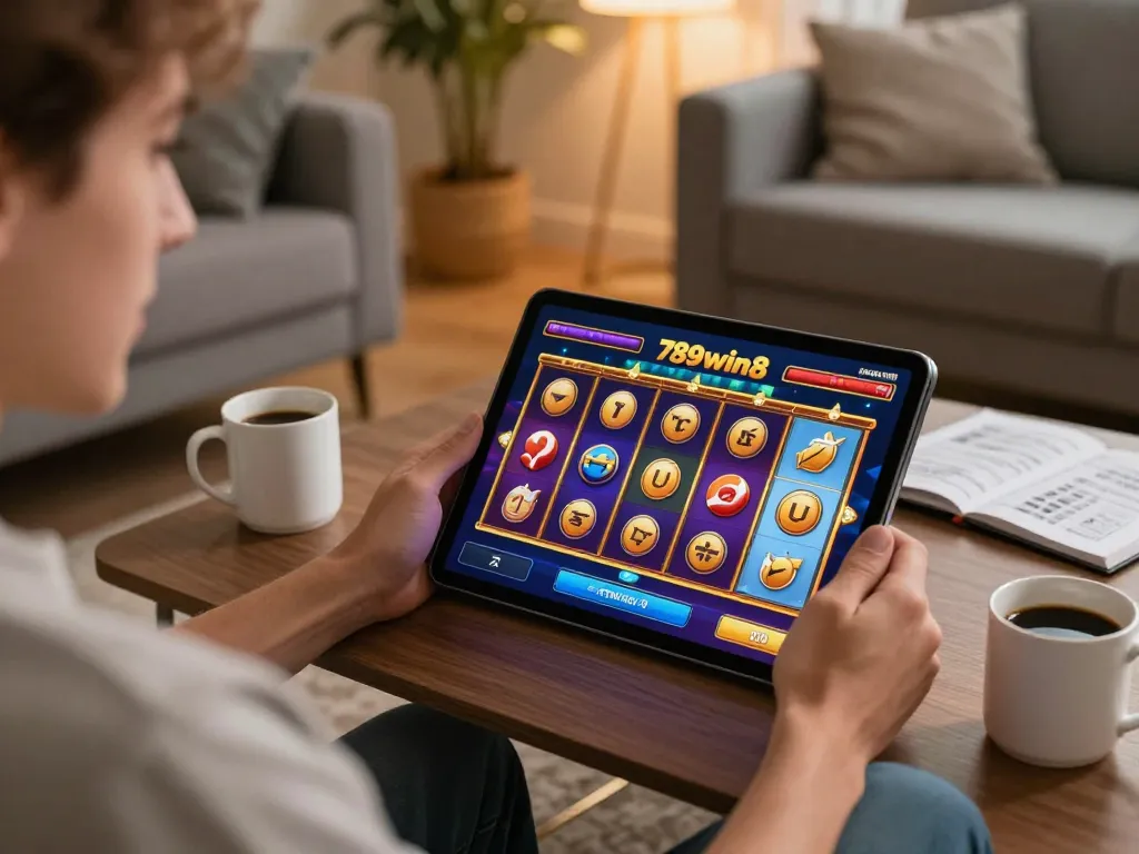 Engaging gaming experience with 789win8 slot game on a tablet in a cozy home atmosphere