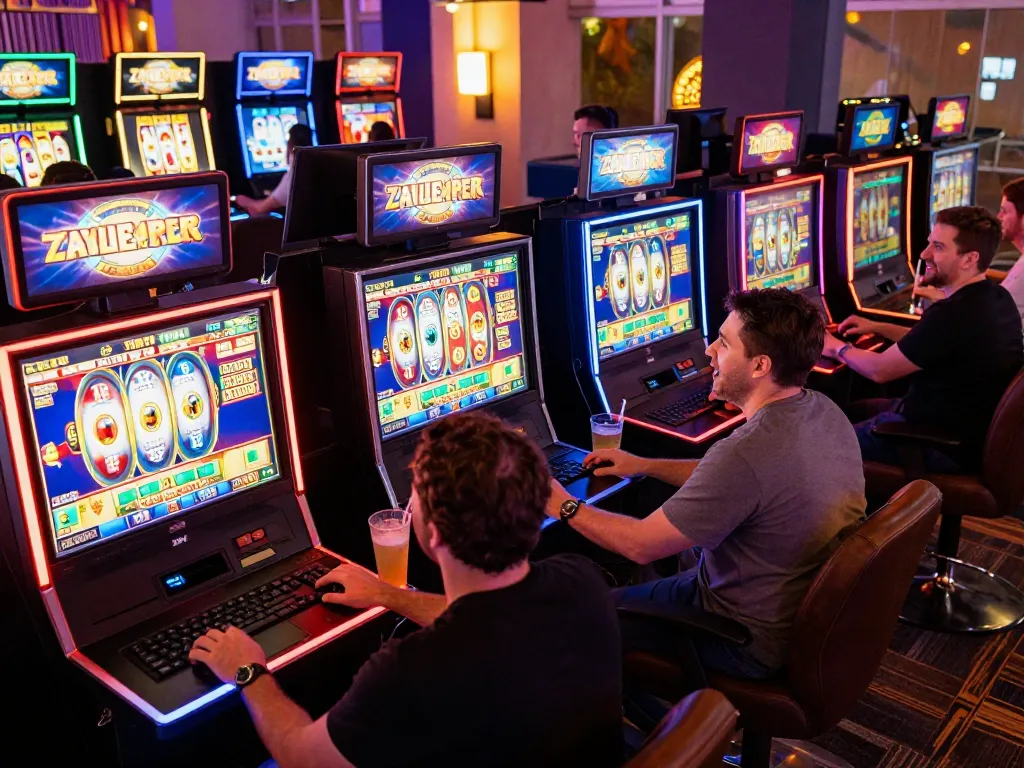 Excited players engaging with online slot games at a vibrant event atmosphere.