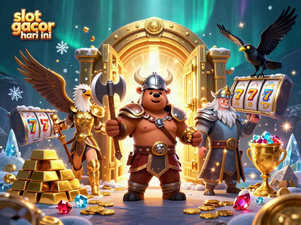 Spin to win with the slot gacor hari ini theme featuring powerful Viking characters amidst dazzling treasures.
