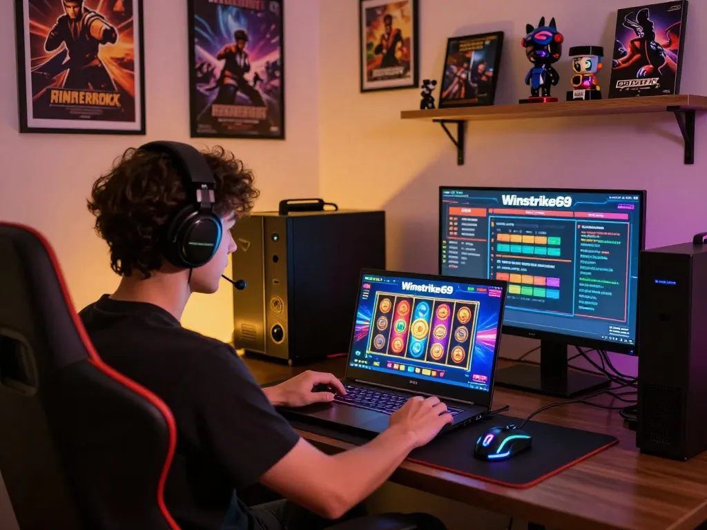 Player using Winstrike69 online slot platform with vibrant digital graphics and gaming accessories.