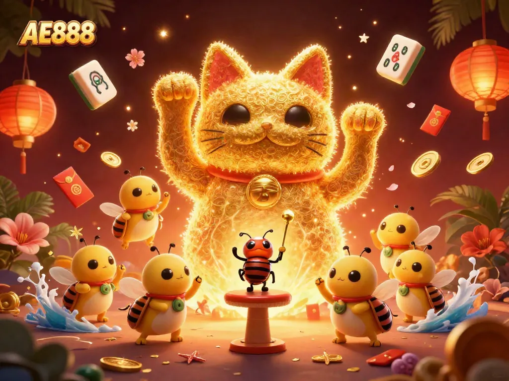 Experience lively AE888 action with a giant lucky cat and shimmering casino symbols.