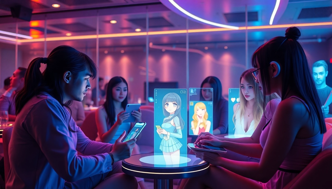 Engaging users exploring NSFW AI relationships in a futuristic digital lounge.