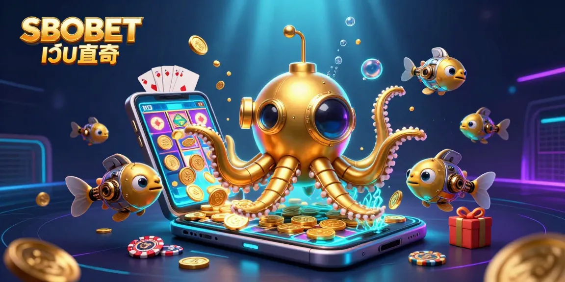 SBOBET เว็บตรง presents a dynamic 3D illustration of a golden kraken submarine and mechanical fish amidst golden coins, showcasing thrilling casino elements.