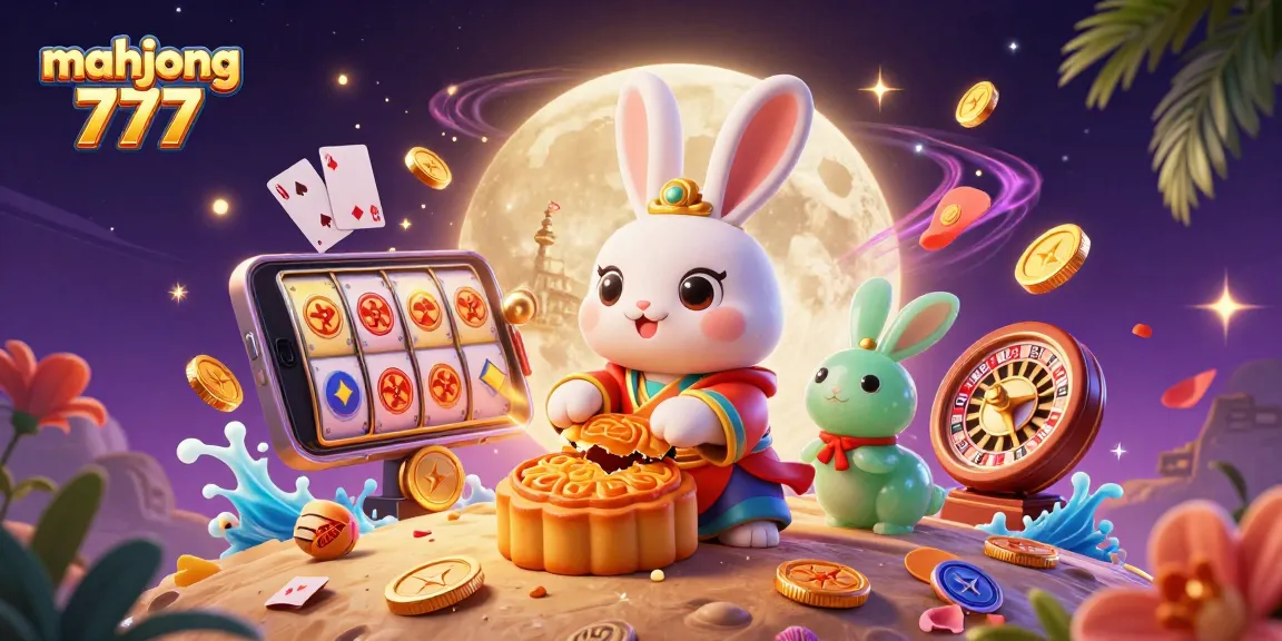 Engage with mahjong 777 as a moon rabbit crafts mooncakes revealing poker chips, surrounded by vibrant gaming features.