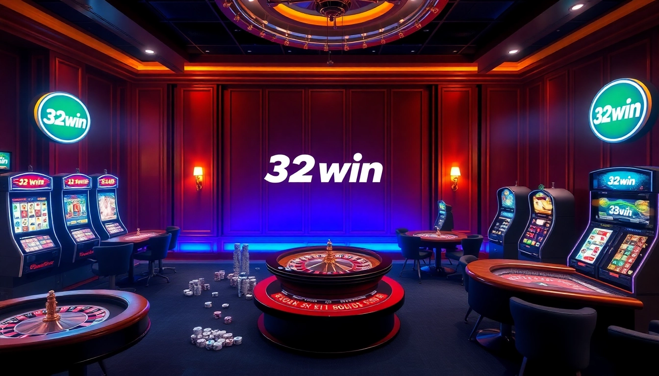 Experience the thrill of online gaming with 32win's vibrant casino scene featuring tables and slot machines.