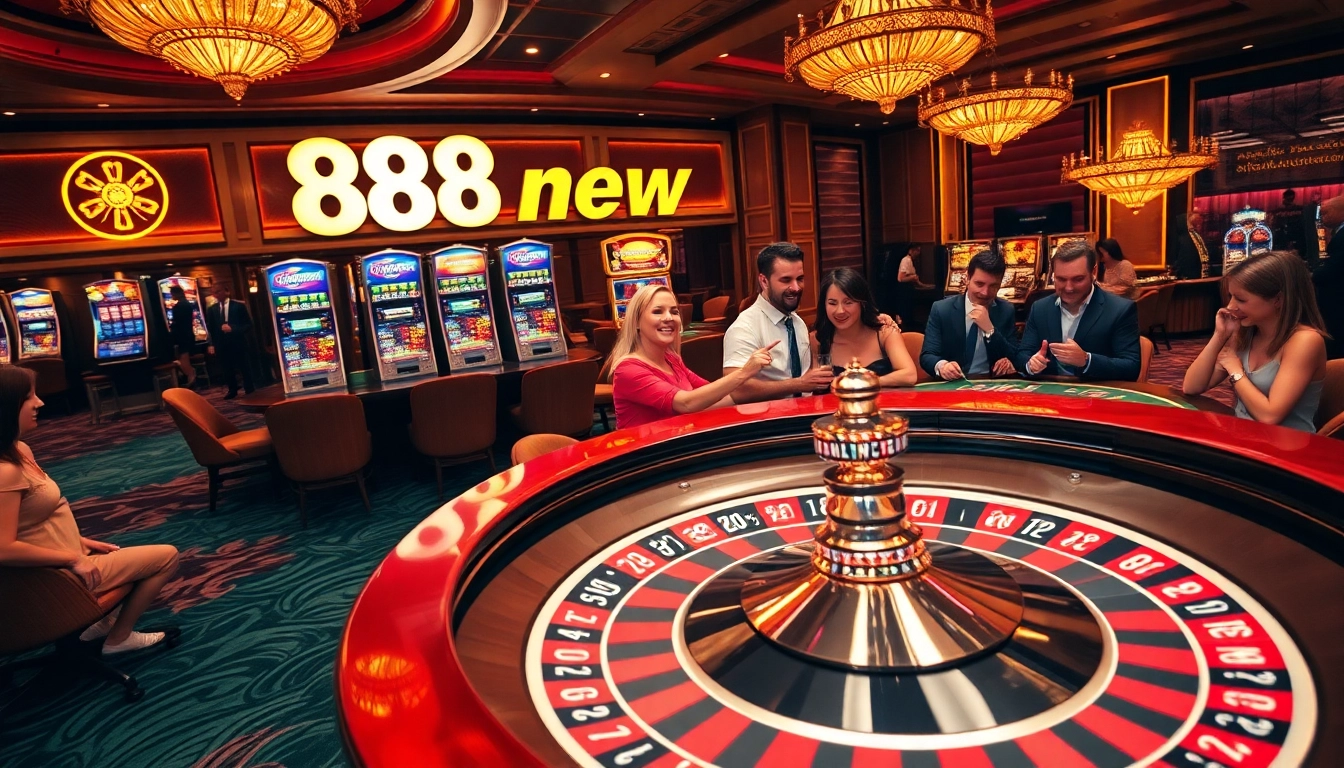 Cascading excitement at 888new casino with vibrant games and joyful players celebrating wins.