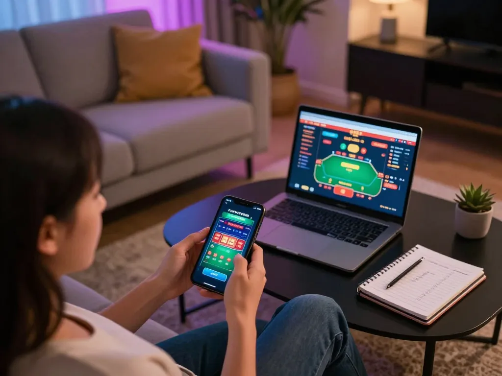 Ruang permainan Leci123a di rumah dengan pemain yang aktif bermain di smartphone untuk permainan kasino online.