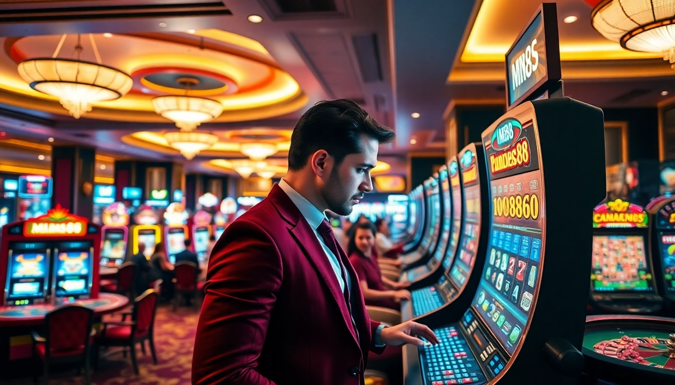 Experience the thrill of winning at an MM88 branded casino, with vibrant slot machines and poker tables.