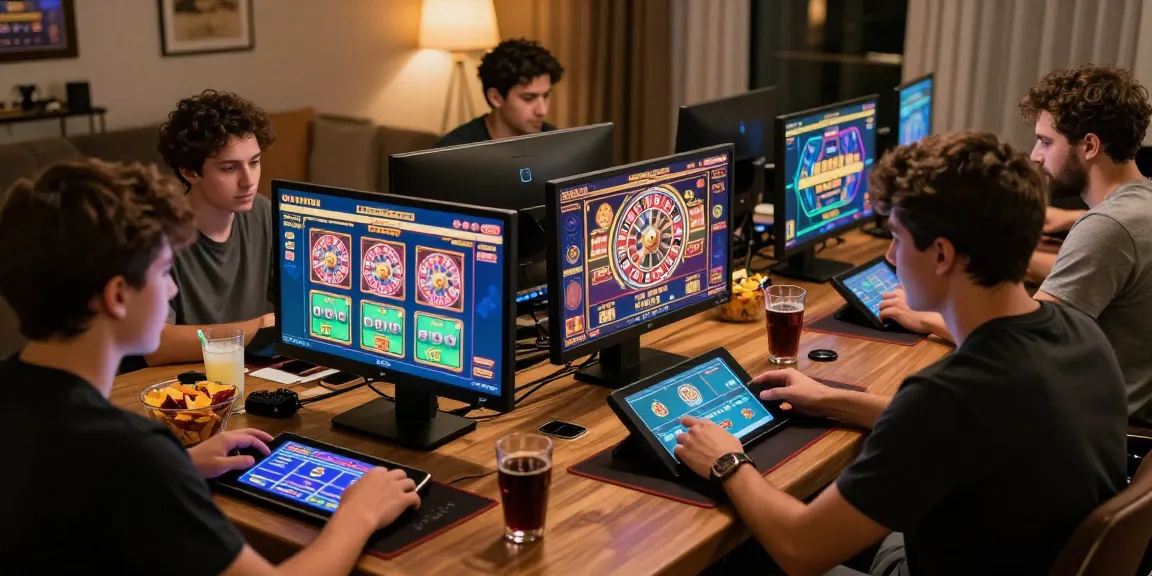 Atmosphère de jeu excitante dans un casino en ligne légal en France, des amis profitant ensemble des jeux en ligne.