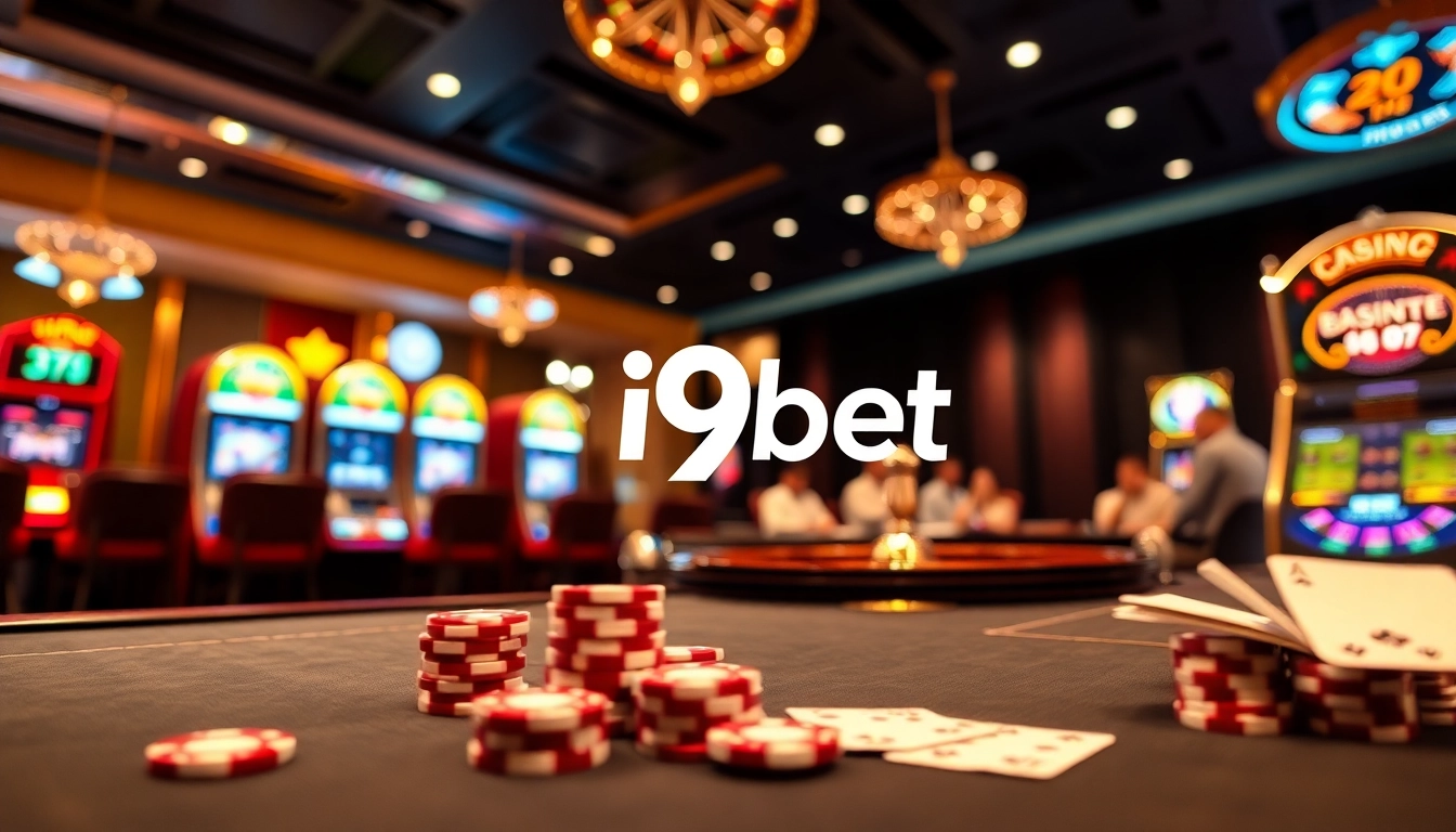 Experience the excitement of i9bet at a vibrant casino scene featuring roulette, poker chips, and slot machines.