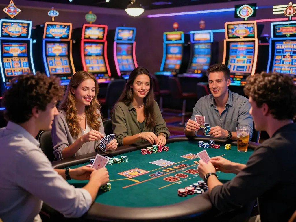 Exciting gaming experience at thriving credit card casinos with diverse players enjoying table games and slots.
