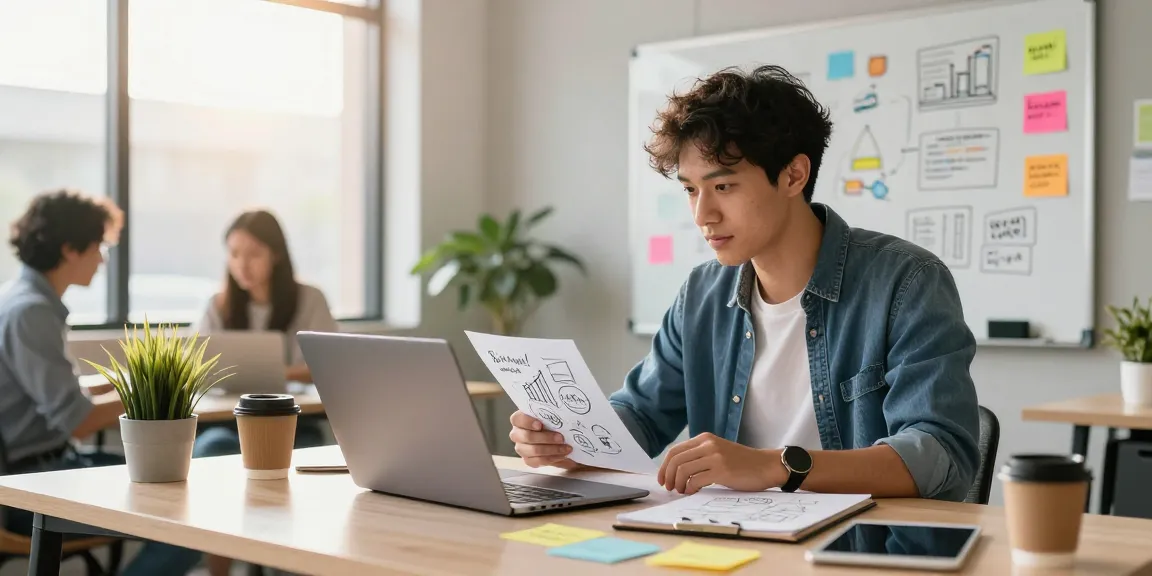 Explore innovative startup ideas at https://www.startsomethingpc.com in a vibrant workspace with a young entrepreneur.