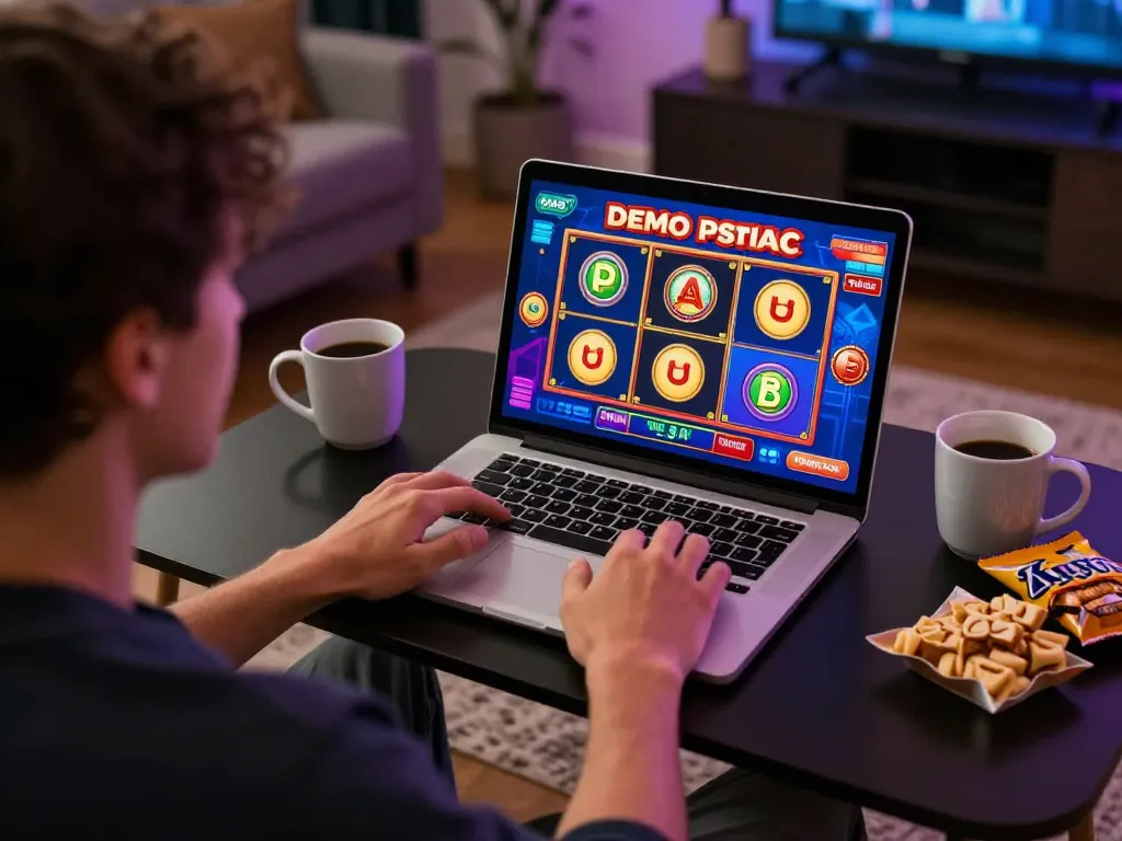 Engaging with a Demo Slot Pragmatic game on laptop while enjoying a cozy home atmosphere