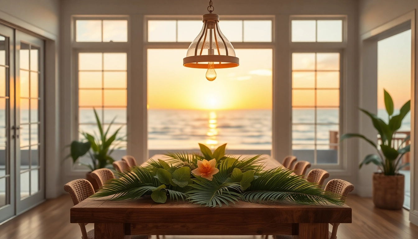 Transform your space with an elegant island light fixture in a serene coastal dining setting.