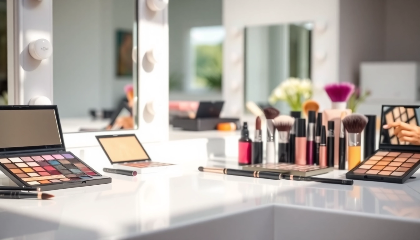 Wholesale makeup suppliers display vibrant palettes and brushes in a professional setting.