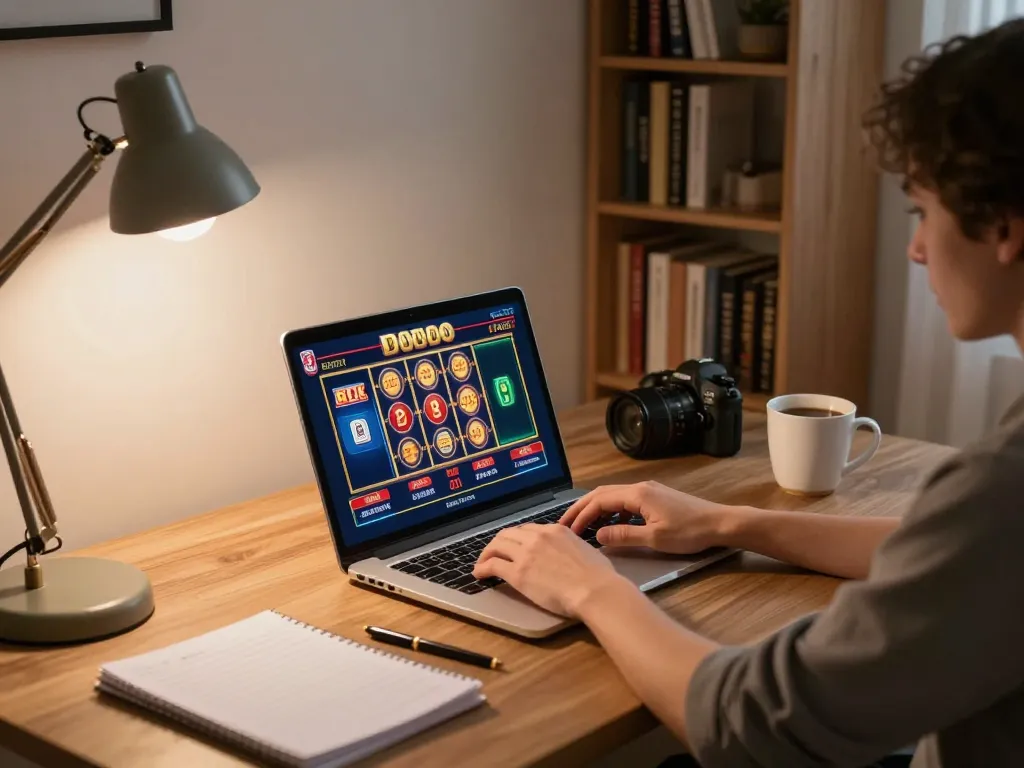 Tg88 online gaming setup showing strategy notes and laptop for responsible gambling.