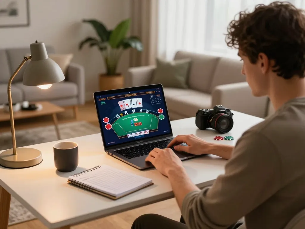 SUNWIN player enjoying blackjack game on laptop at home, emphasizing cozy gaming environment.