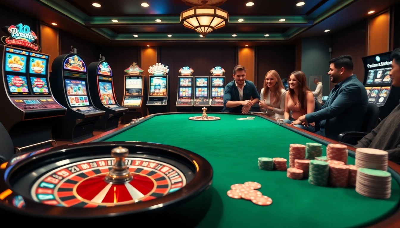S8 gaming excitement at a modern casino with poker, roulette, and slot machines.