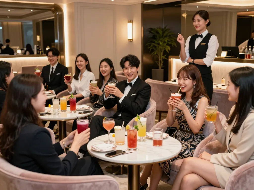 Experience the vibrant atmosphere of 강남쩜오 with elegant decor, premium drinks, and lively interactions.
