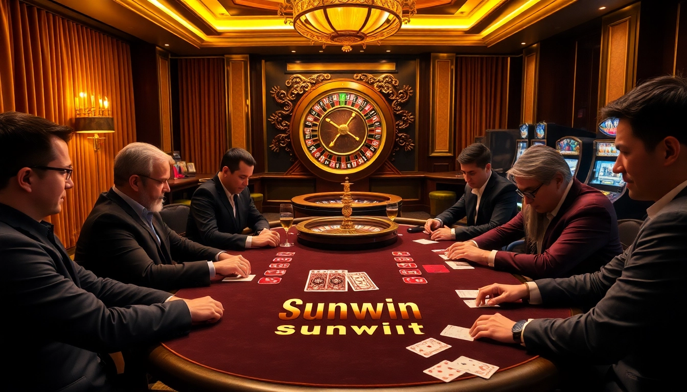 Players enjoying a thrilling game at the sunwin poker table in a luxurious casino setting.
