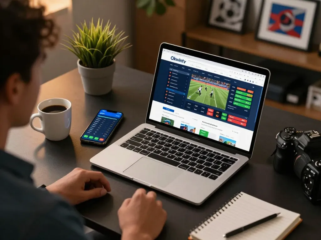 Person using Okwintv for sports betting, surrounded by strategic notes and game stats.