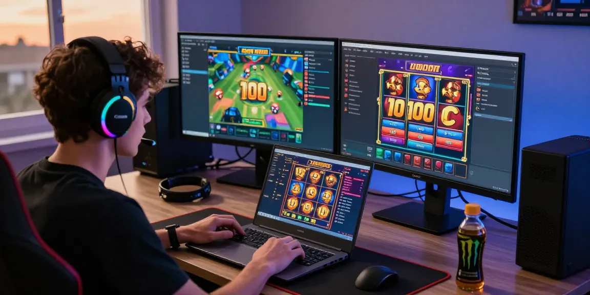 Engaging online slot gaming scene featuring a player interacting with vibrant slot depo 1000 graphics, showcasing excitement in a modern gaming setup.